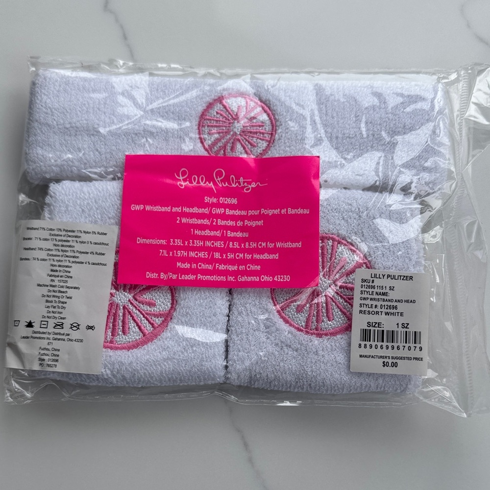 Lilly Pulitzer White Terry Headband and Wristband Set with Pink Wheel Embroidery